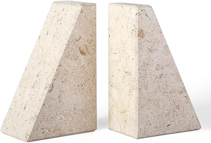 Marble Bookends for Heavy Books, Decorative Book Ends for Shelves, Beige Stone Durable and Heavy-Duty Book Ends for Hardback Books & CDS, Unique Book Stopper & Holder, Set of 2-Ruum Studio Home