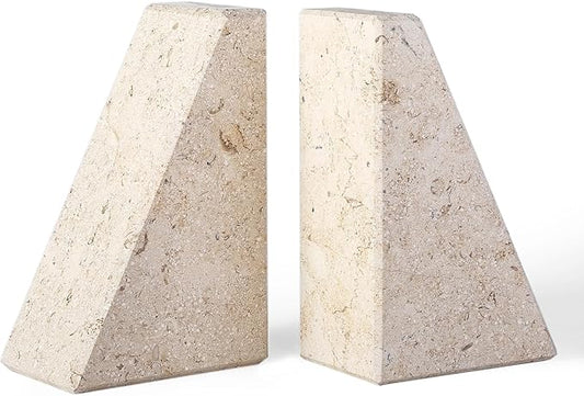 Marble Bookends for Heavy Books, Decorative Book Ends for Shelves, Beige Stone Durable and Heavy-Duty Book Ends for Hardback Books & CDS, Unique Book Stopper & Holder, Set of 2-Ruum Studio Home