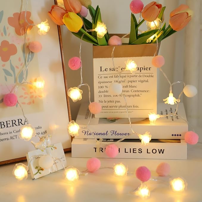 9.85Ft String Lights 20 Cute Pink Pompoms 20 LEDs Rose Fairy Lights Garland Battey Operated with Timer Flower Lights for Bedroom Kids Room Party Birthday Wedding Valentines Decorations-Ruum Studio Home