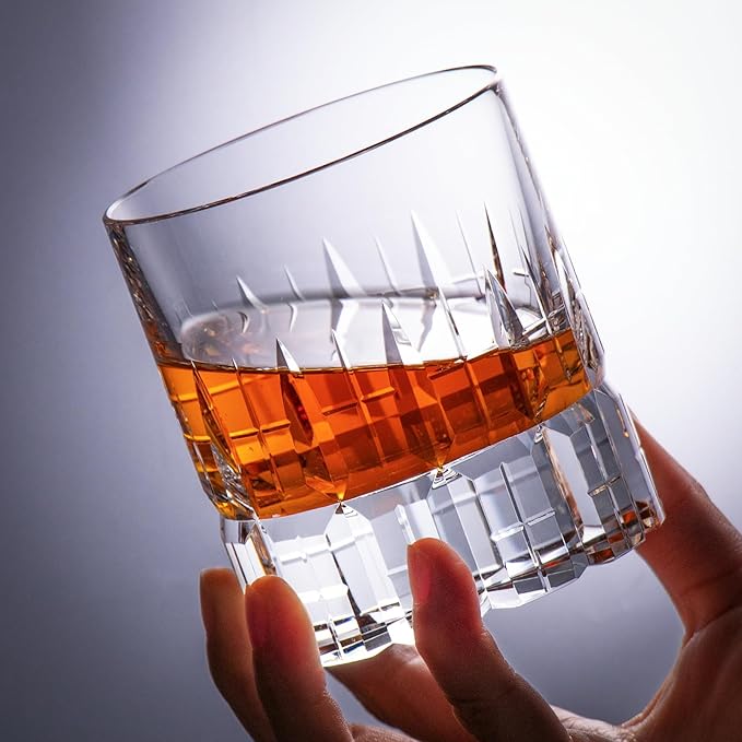 KAMMAK Crystal Whiskey Glasses Set of 2, Luxury 7.78oz Old Fashioned Glasses Stemless, Hand Blown Cocktail Glasses, Handcrafted Engraved Scotch Cup for Women, Men Gift for Bourbon Barware-Ruum Studio Home