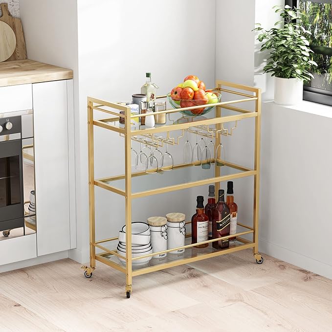 Glass Gold Bar Carts for Home with Hanging Wine Rack - Home Bar Serving Cart with 3 Mirrored Shelves, Kitchen Bar Carts, Wine Cart for Entertaining, Club Party.-Ruum Studio Home