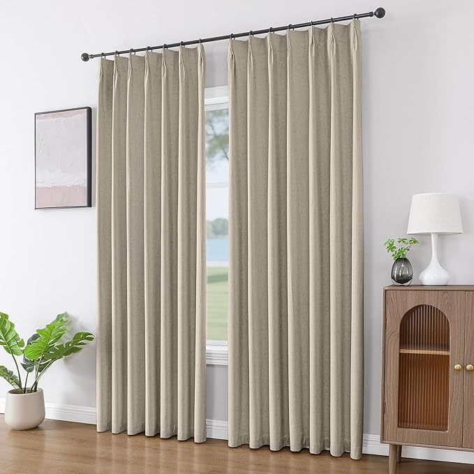 Joydeco Pinch Pleated Linen Curtains Darkening Drapes for Bedroom, 100% Blackout Drapes 96 inches Long 2 Panels Heat Blocking Curtains(Cobblestone,40'' Wx96'' L)-Ruum Studio Home