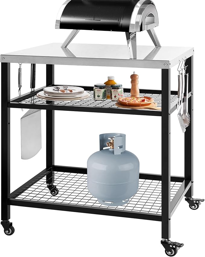 Stainless Steel Grill Cart with Cover Pizza Oven Stand with Water-Proof Cover Trolley Table with Wheels Three-Shelf Movable Food Prep and Work Cart Table Heavy Duty Grill Cart Outdoor 31.5"×24"×35.5"-Ruum Studio Home
