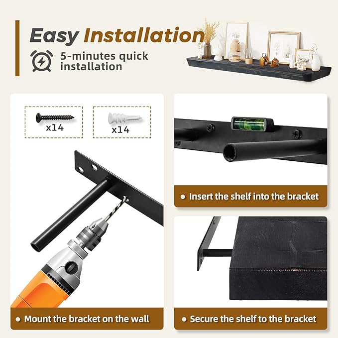 36"x6.8"x1.6" Slanted Floating Wall Shelves 2-Pack - Rustic Black Finish, Heavy-Duty Solid Wood Design with Hidden Brackets - Perfect for Living Room, Kitchen, Bathroom, or Office-Ruum Studio Home