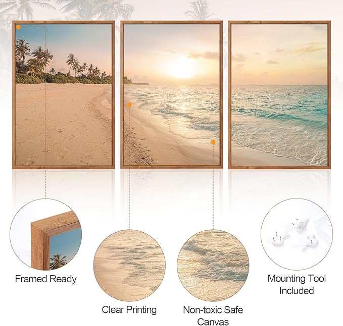 Aurlan Tropical Beach Sunset Framed Wall Art(16"x24"), 3PCS Coastal Ocean Island Canvas Artwork, Vintage Seascape Landscape Scenery Decor Prints for Office Home-Ruum Studio Home