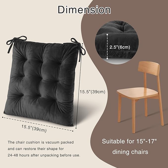 OVOV Chair Cushions for Dining Chairs Set of 6 Tufted Indoor Chair Pads with Ties Soft Square Seat Cushions for Kitchen Chairs 15.5"x15.5",Dark Grey-Ruum Studio Home