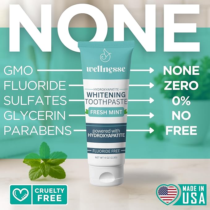 Wellnesse Whitening Hydroxyapatite Toothpaste with Xylitol, Natural Fluoride-Free Teeth Whitening Toothpaste for Adults, Strengthens Enamel, Supports Gum Health, Fresh Mint Flavor, 4 oz (Pack of 1)-Ruum Studio Home