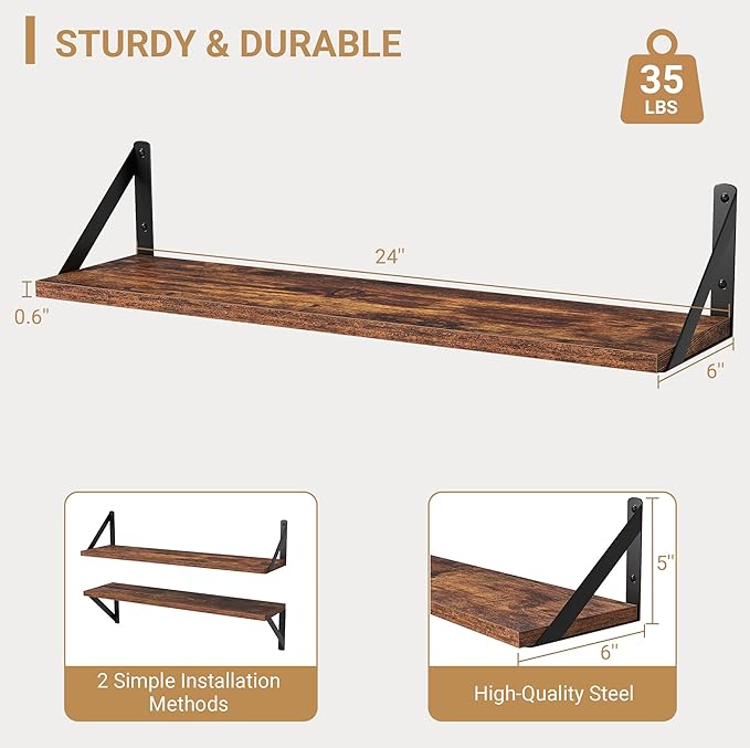 Heimlove Floating Shelves for Wall, 24 Inch Long Wood Floating Shelves Set of 3, Wall Mounted Hanging Shelf for Bathroom Bedroom Kitchen, Rustic Brown-Ruum Studio Home