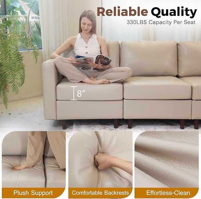 ABCASA Faux Leather Single Sofa, Modern Accent Chair Whitesand with Storage Deep Seat Large Reading Armchair for Living Room Bedroom Office-Ruum Studio Home