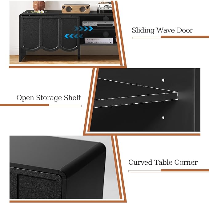 ORRD 63'' TV Stand, Modern TV Console Table Wave Panel Television Stands Entertainment Media Center with Storage Compartment and Sliding Door for Living Room (Black)-Ruum Studio Home