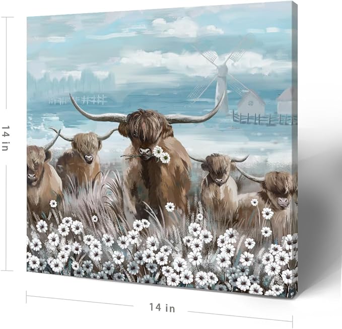 Canvas Wall Art Bathroom Coastal Boho Farmhouse Highland Cow Flower Picture Floral Artwork Rustic Country Landscape Longhorn Animal Painting for Living Room Bedroom Kitchen Décor Blue Brown Small-Ruum Studio Home