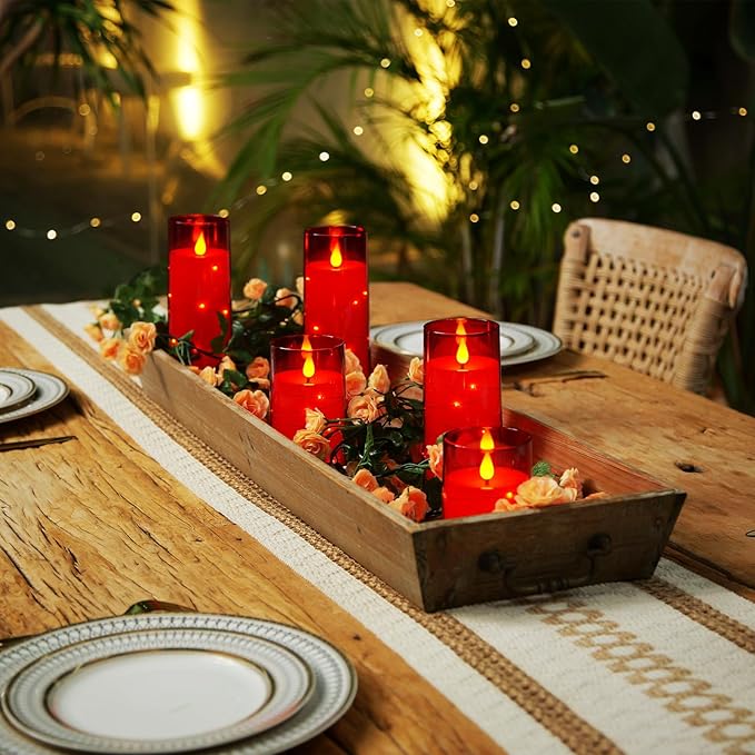 Homemory Acrylic Flameless Candles with Embedded Star String Fairy Lights, Battery Operated Candle, LED Candles, Fake Candles with Remote Control and Timer, Red, Set of 5(H4 5" 6" 8" 8")-Ruum Studio Home
