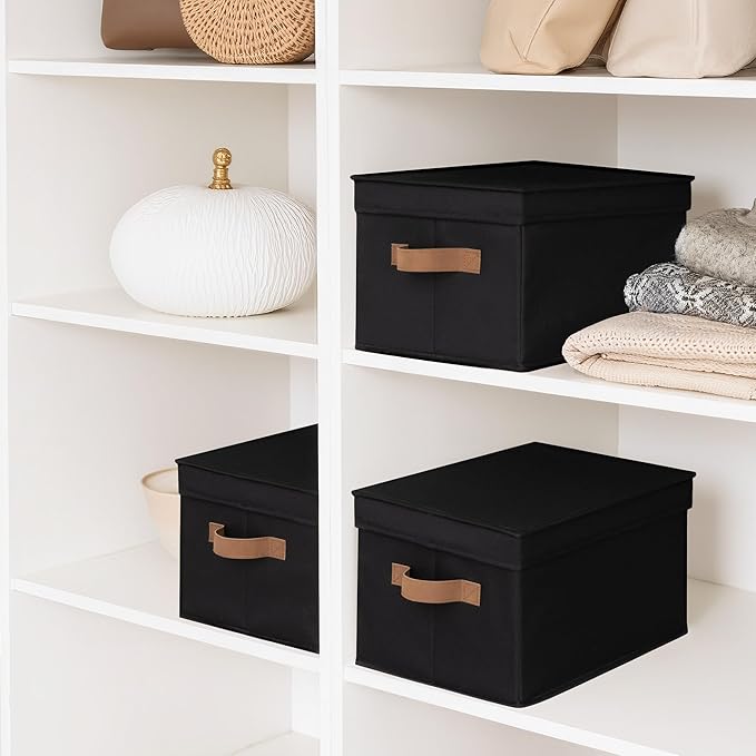 StorageWorks Large Storage Bins with Lids, Decorative Storage Boxes with Lid and PU Handles, Foldable Storage Baskets for Closet, Shelves, Stackable, Black, 3-Pack-Ruum Studio Home