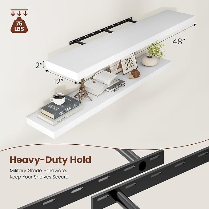 White Floating Shelves for Wall, 48 Inch X 12 Deep Shelves for Room Wall Mounted，2" Thick Heavy Duty Holds 75lbs Floating Shelf for Bedroom Bathroom Kitchen Laundry Room, Set of 2-Ruum Studio Home