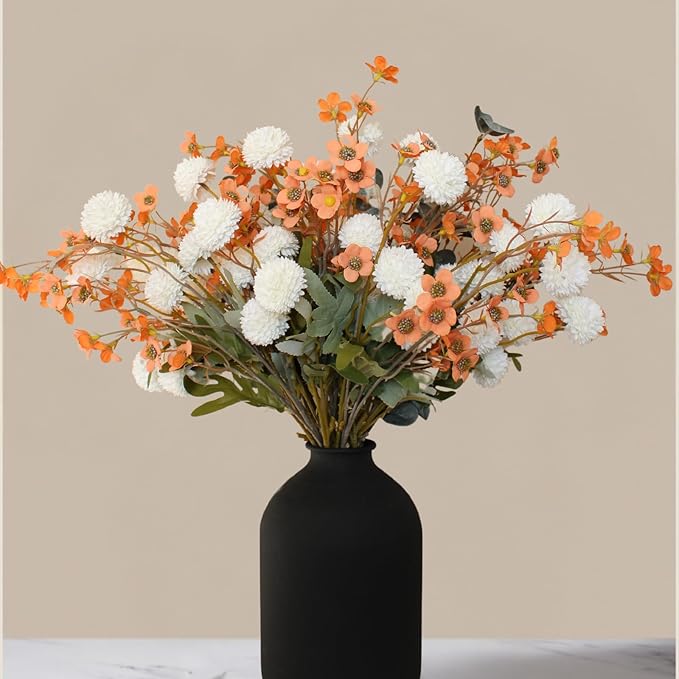 RyddeligHome Artificial White Kiku & Orange Wax Flowers, Bulk Silk Flowers with Long Stems for Vases, Spring Floral Stems Arrangements for Home Decor, Centerpieces for Tables, Rustic Decorations-Ruum Studio Home