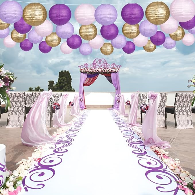 Paper Lanterns Purple Gold Round Hanging Chinese Lanterns for Birthday Baby Shower Bachelorette Party Decorations Pack of 12-Ruum Studio Home