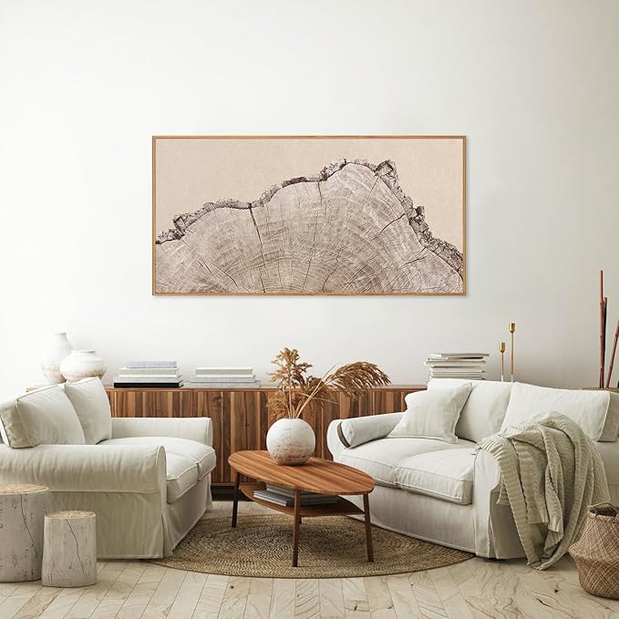 SIGNINART Large Tree Ring Framed Canvas Wall Art, Rustic Beige Wooden Wall Decor, Neutral Nature Wood Stump Artwork, Modern Art Prints for Bedroom Living Room Office 20"x40"-Ruum Studio Home