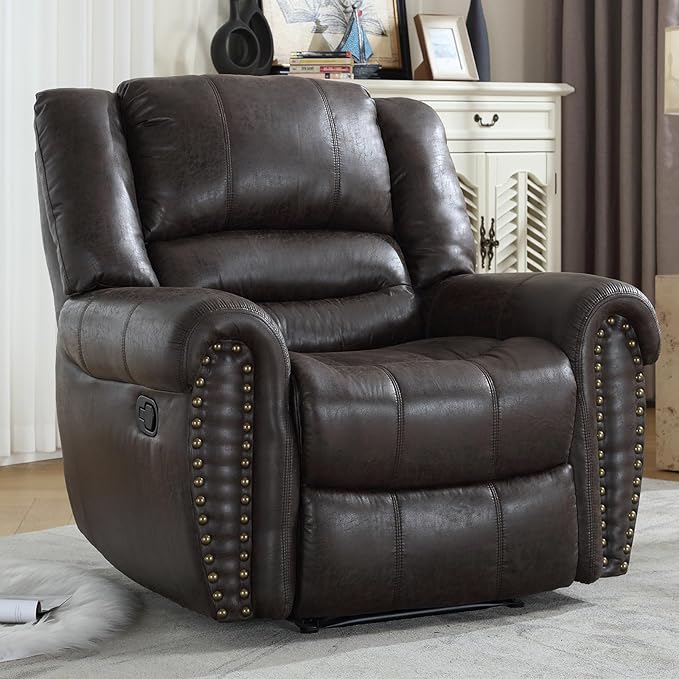 CANMOV Leather Recliner Chair, Classic and Traditional Manual Recliner Chair with Comfortable Arms and Back Single Sofa for Living Room, Dark Grey-Ruum Studio Home