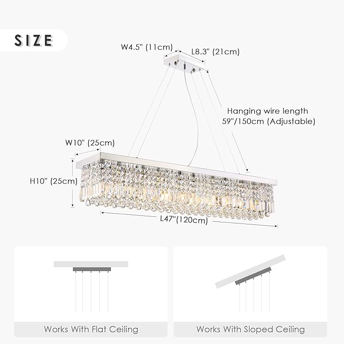 Siljoy Modern Rectangular Crystal Chandelier, 47" Rectangle Raindrop Hanging Ceiling Pendant Light Fixture Adjustable Height for Kitchen Island Dining Room, Polished Chrome Finish, L47 x W10 x H10-Ruum Studio Home