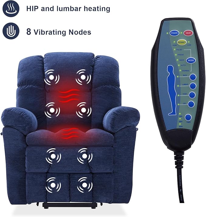 Triple Motor Power Lift Recliner Chair with Massage and Dual Heat for Elderly People, Zero Gravity Lay Flat Recliner Infinite Position, USB Ports（Navy Blue）-Ruum Studio Home