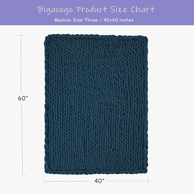 Bigacogo Chunky Knit Throw Blanket for Couch, 40x60 inches, 100% Hand Knitted with Thick Jumbo Chenille Yarn, Cozy Soft Large Rope Knot Cable Crochet Blankets for Sofa Bed Living Room, Deep Sea Blue-Ruum Studio Home