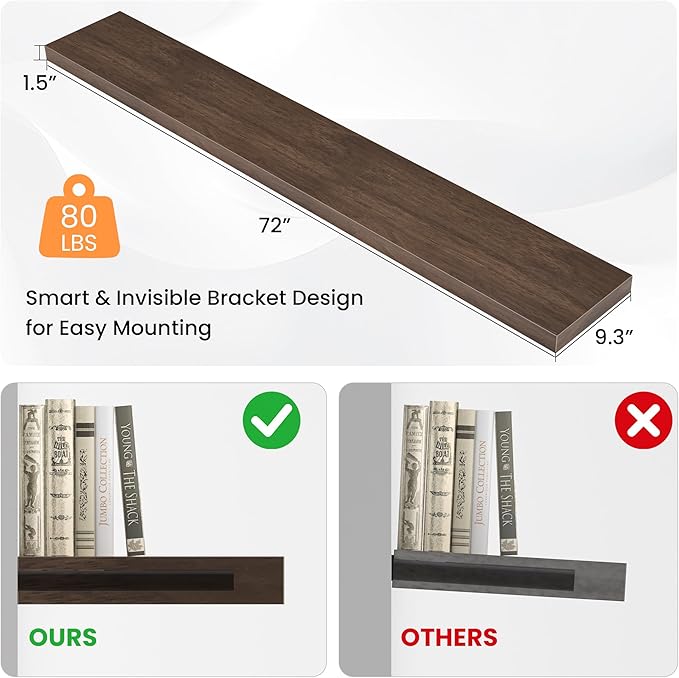 Floating Shelves for Wall, 72"W x 9.3"D x 1.5"H, Long Wooden Wall Mounted Display Shelves with Invisible Brackets for Living Room, Bedroom, Bathroom, Kitchen Decor and Storage, Set of 1, Walnut-Ruum Studio Home