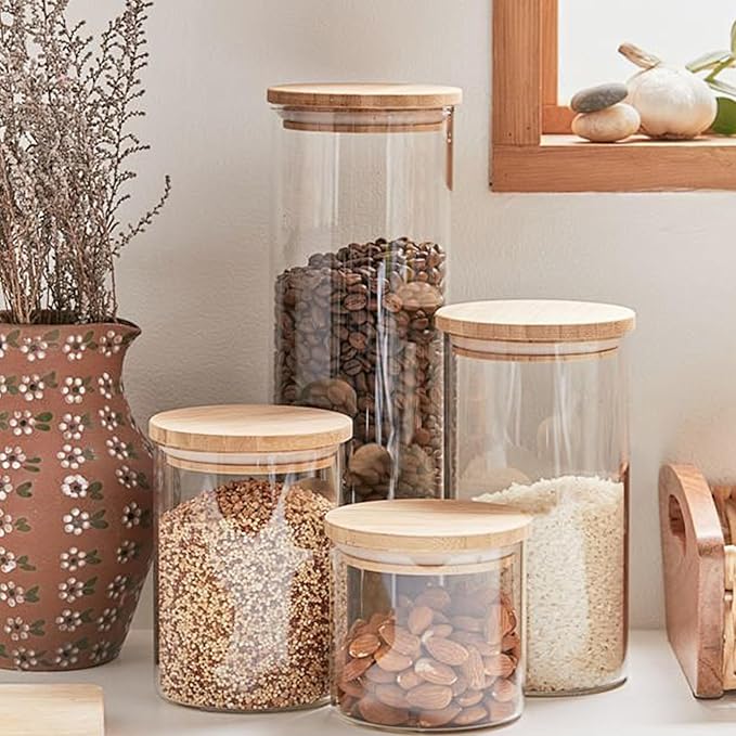 Glass Food Storage Jars, Glass Jars with Bamboo Lids, Kitchen Storage Jars, Canisters with Airtight Lids for Spice, Coffee, Cookie, Set of 5, Pantry Organizers-Ruum Studio Home