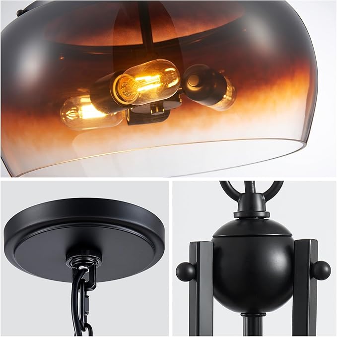 WUZUPS Chandelier Rustic Farmhouse Industrial Round Ceiling Pendant LED Light Fixture with Amber Gradient Black Glass Shade for Dining Room Kitchen Island Foyer Entryway, H 20.9" W 15.9", E26 Base-Ruum Studio Home