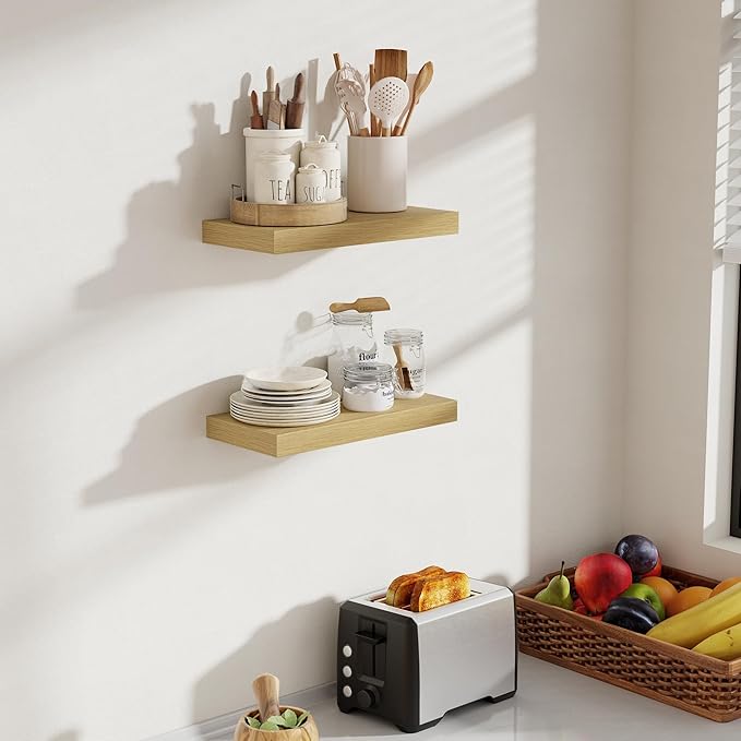 16 Inch Floating Shelves, 8 Inch Deep Floating Shelves for Wall, Hanging Shelf with Invisible Brackets, Deep Shelves for Bathroom, Bedroom, Living Room, Oak, Set of 2-Ruum Studio Home