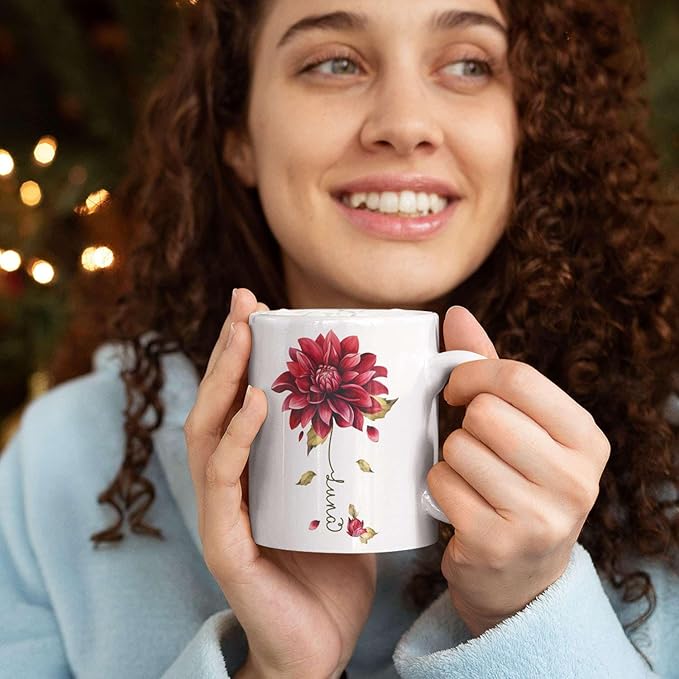 Dahlia Flower Design Coffee Mug, Personalized Name On Red Floral Cup, Custom Ceramic Mug For Flower Lovers, Customized Dahlia Accent Cup 11oz Or 15oz, Floral Decorative Mug Gift-Ruum Studio Home