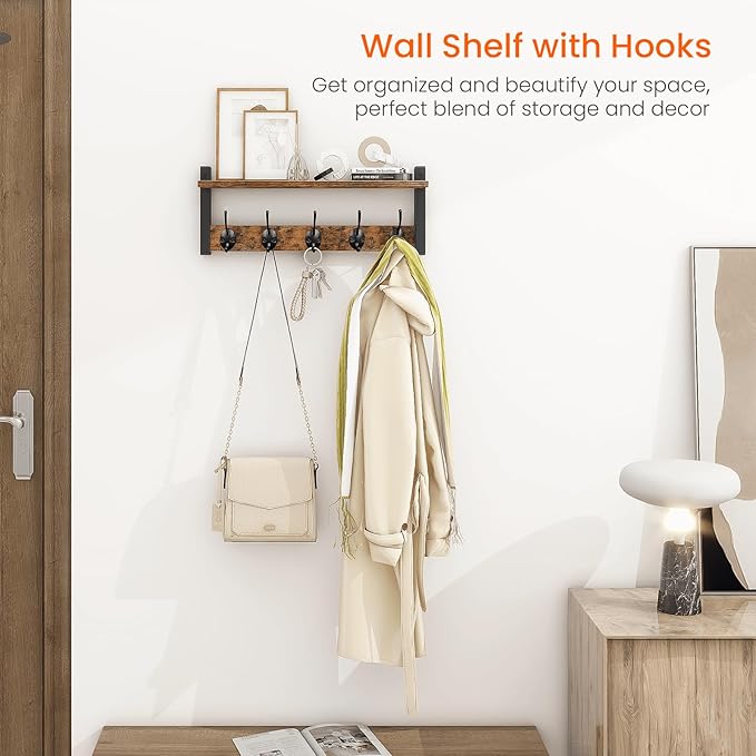 Homode Wall Hooks with Shelf, Wood Coat Rack with Shelf Wall-Mounted, Entryway Hanging Shelves with 5 Metal Hooks for Clothes Hats Towel Purse Robes, Bathroom Mudroom Bedroom, Rustic Brown Black-Ruum Studio Home