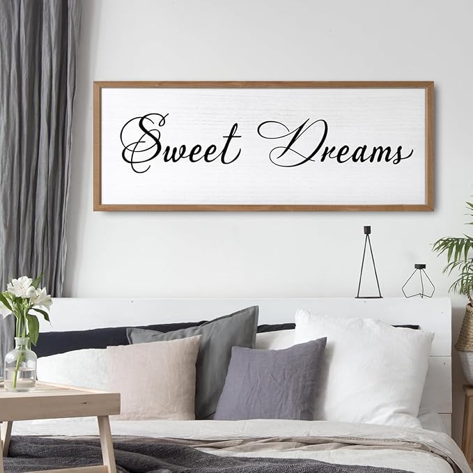 Sweet Dreams Wall Decor Above Bed 32x12 Inch Large Master Bedroom Hanging Wood Rustic Framed Farmhouse Sweet Dreams Sign Guest Room Aesthetic And Minimalist Over Bed Wall Art（Wood White）-Ruum Studio Home