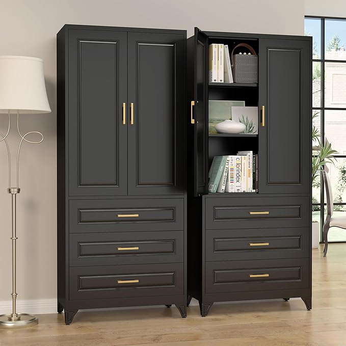 75" Kitchen Pantry Cabinet with 3 Drawers,Metal Storage Cabinets with Doors and 4 Adjustable Shelves,Black Kitchen Cabinet with 2 Gold Handles,Food Cupboard for Livingroom, Bathroom,Pantry-Ruum Studio Home