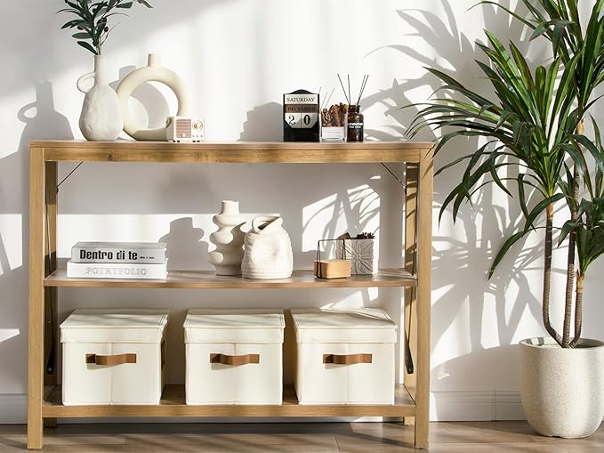 StorageWorks Large Storage Bins with Lids, Decorative Storage Boxes with Lid and PU Handles, Foldable Storage Baskets for Closet, Shelves, Stackable, Ivory, 3-Pack-Ruum Studio Home