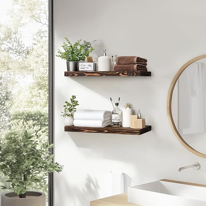 Floating Wall Shelves - 16"x6.8"x1.2" Sturdy Rustic Brown Solid Wood Shelves for Storage and Décor, Easy Installation for Living Room, Bedroom, and Kitchen - 2 Pack-Ruum Studio Home