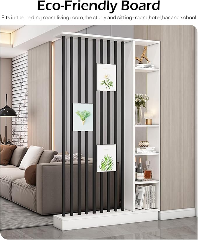 Wall Room Divider, Storage Cabinet Storage Display with Shelves, Modern Freestanding Wood Room Divider Screen, Wall Privacy Screens for Home Decorative (White+Black,31.5" L x 9.5" W x 79.5" H)-Ruum Studio Home