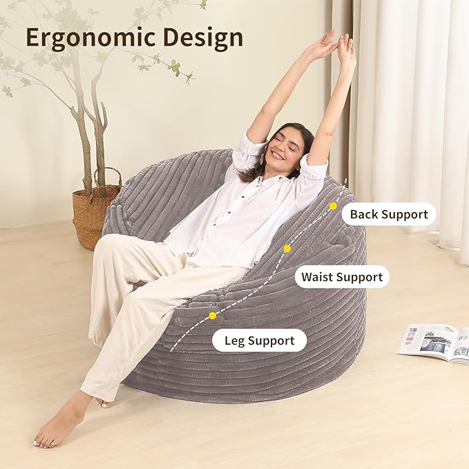 3FT Memory Foam Bean Bag Chair for Adults/Teens, Bean Bag Sofa with Fluffy Removable Cover, for Living Room Bedroom, Grey-Ruum Studio Home