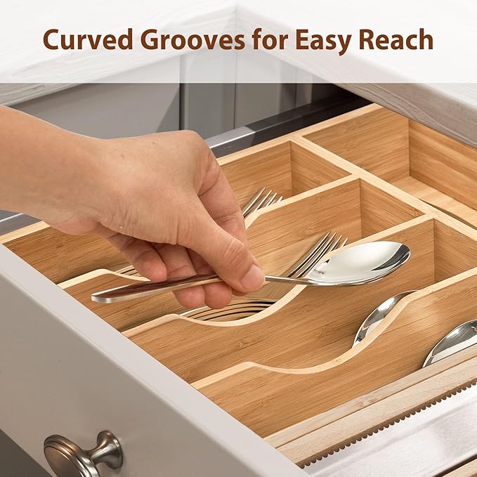 Umilife Kitchen Drawer Organizer, 10 Inch Silverware Utensil Tray Holder, Extra Deep, with Non-Slip Feet & Grooved Drawer Divider, 5 Slots Total Bamboo Wood Caddy for Flatware Cutlery Knives-Ruum Studio Home