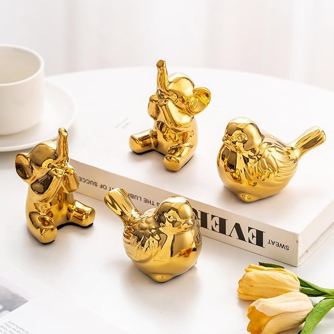 Set of 2 Small Birds Statues Gold Home Decor Modern Boho Style Figurine Decorative Ornaments for Living Room, Bedroom, Office Desktop, Cabinets, Shelf-Ruum Studio Home