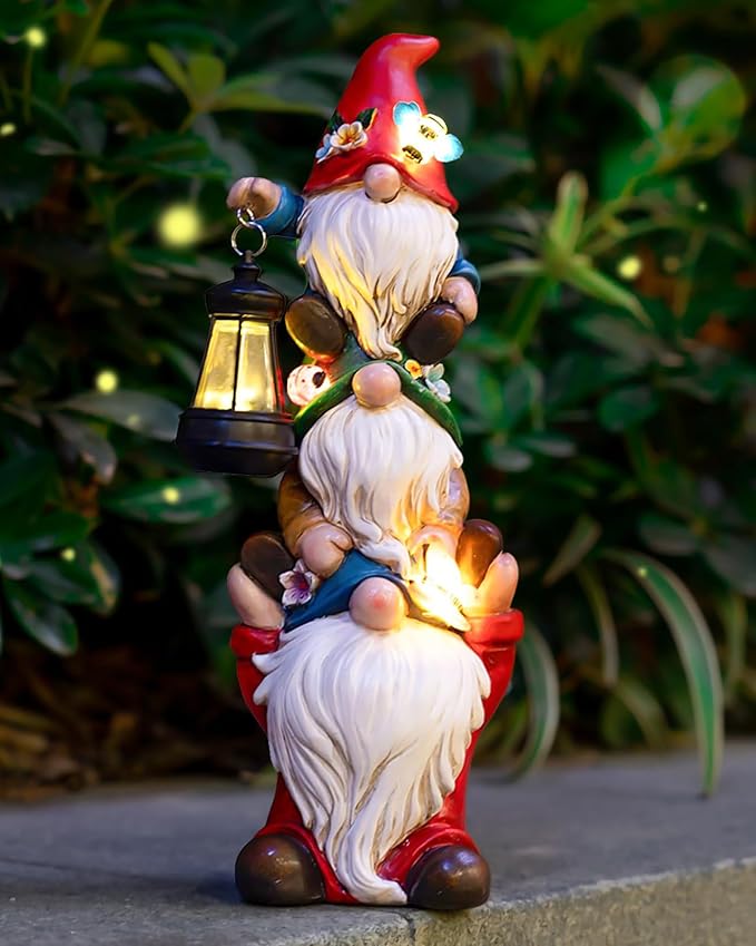 Garden Gnome Statue with Solar Lights Garden Sculptures Funny Triple Gnome Outdoor Patio Lawn Yard Balcony Garden Home Decor Birthday Gifts for Women Mom Grandma 12 in Fall Gnome-Ruum Studio Home