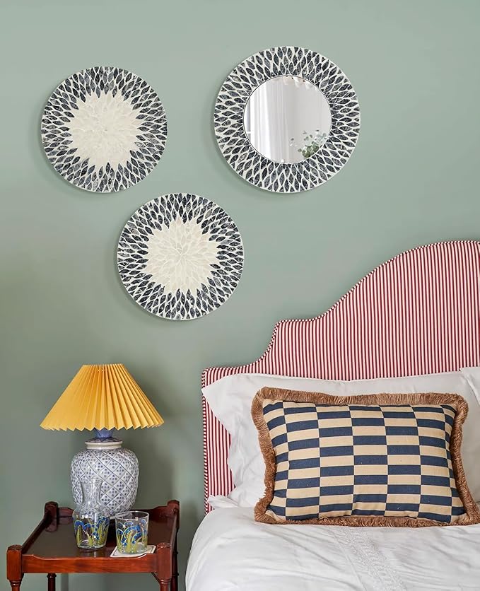 Natural Mother of Pearl Mirror Wall Decor for Bedroom Bathroom, 3PCS Geometric Wall Art Modern Home Office, Handmade Mosaic Art Circle Sculptures for Kitchen Living Dining Room (Black White)-Ruum Studio Home