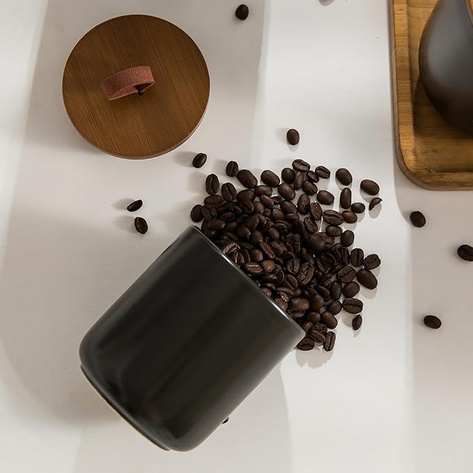Black Ceramic Canister Set with Wooden Lid, 3-Piece Food Storage Jars for Kitchen Counter, Storage Container for Coffee, Tea, Spice, Sugar, Grains, Salt-Ruum Studio Home