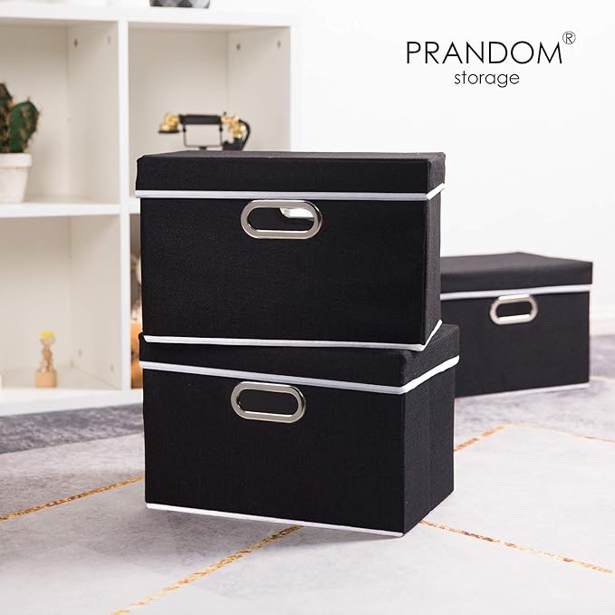 PRANDOM Foldable Storage Bin with Lid [5-Pack] Linen Fabric Decorative Storage Box Organizer Container Basket Cube with Handles Divider for Closet Office Living Room Black(14.9x9.8x9.8)-Ruum Studio Home