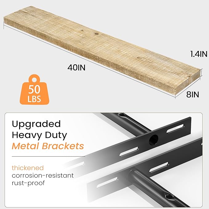 Fun Memories Floating Shelves for Wall Decor, 40"x8" Rustic Reclaimed Wood Shelves, Heavy-Duty Wall Mounted Shelves with Invisible Brackets, Set of 2for Living Room, Bedroom, Kitchen, Natural Finish-Ruum Studio Home