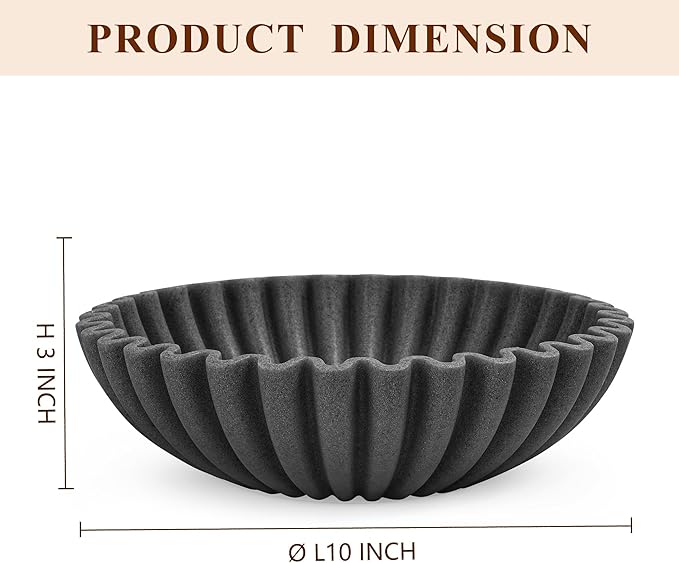 Large Decorative Bowl, Modern Handicraft Bowls for Home Decor, Decorative Fruit Bowl for Kitchen, Ruffle Bowl Decor, Stylish Key bowl for Entry Table, Artificial Stone Black-Ruum Studio Home