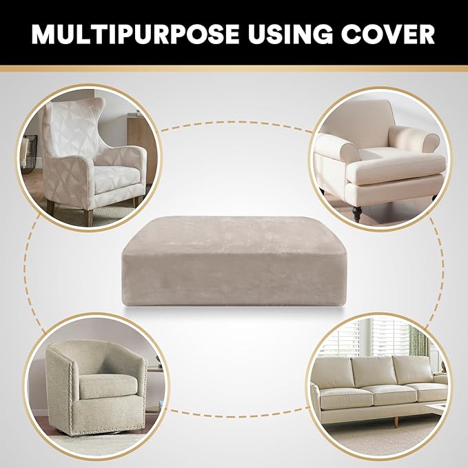 PrinceDeco Stretch Velvet Couch Cushion Cover,Soft Fitted Cushion Slipcover for Arm Chair Sofa Cushion Furniture Protector Seat Cushion Sofa Cover Width Up to 29.5", Oatmeal-Ruum Studio Home