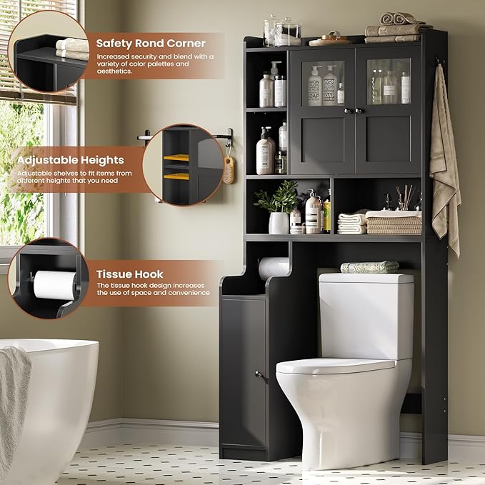 Itaar Over The Toilet Storage Cabinet, Over Toilet Bathroom Organizer with Glass Doors & Toilet Paper Holder Stand, Home Space-Saving Toilet Rack, for Bathroom, Restroom, Laundry(Black)-Ruum Studio Home