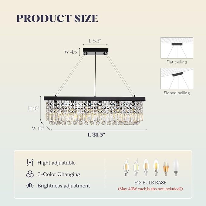 Rectangle K9 Crystal Chandelier,Rectangular Contemporary Pendant Light Fixture,Black Modern Crystal Chandeliers for Dining Room Kitchen Island L31.5''xW10''xH10''-Ruum Studio Home