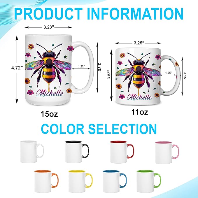 Hyturtle Personalized Colorful Bee Mug - Bee Keeper Gifts For Women Lovers Teacher - Honey Gifts For Beekeeper Farmer On Birthday - Queen Honeycomb Decor - Custom Coffee Cup Ceramic Mug 11 Oz 15 Oz-Ruum Studio Home