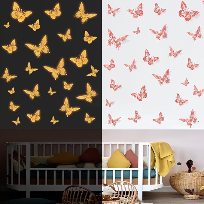 SAOROPEB Glow in The Dark 3D Butterfly 24 Pcs 3 Sizes, Luminous Butterfly Stickers for Ceiling or Wall, Glow in The Dark Party Supplies, Removable Luminous Stickers for Kids Babys Nursery (Orange)-Ruum Studio Home